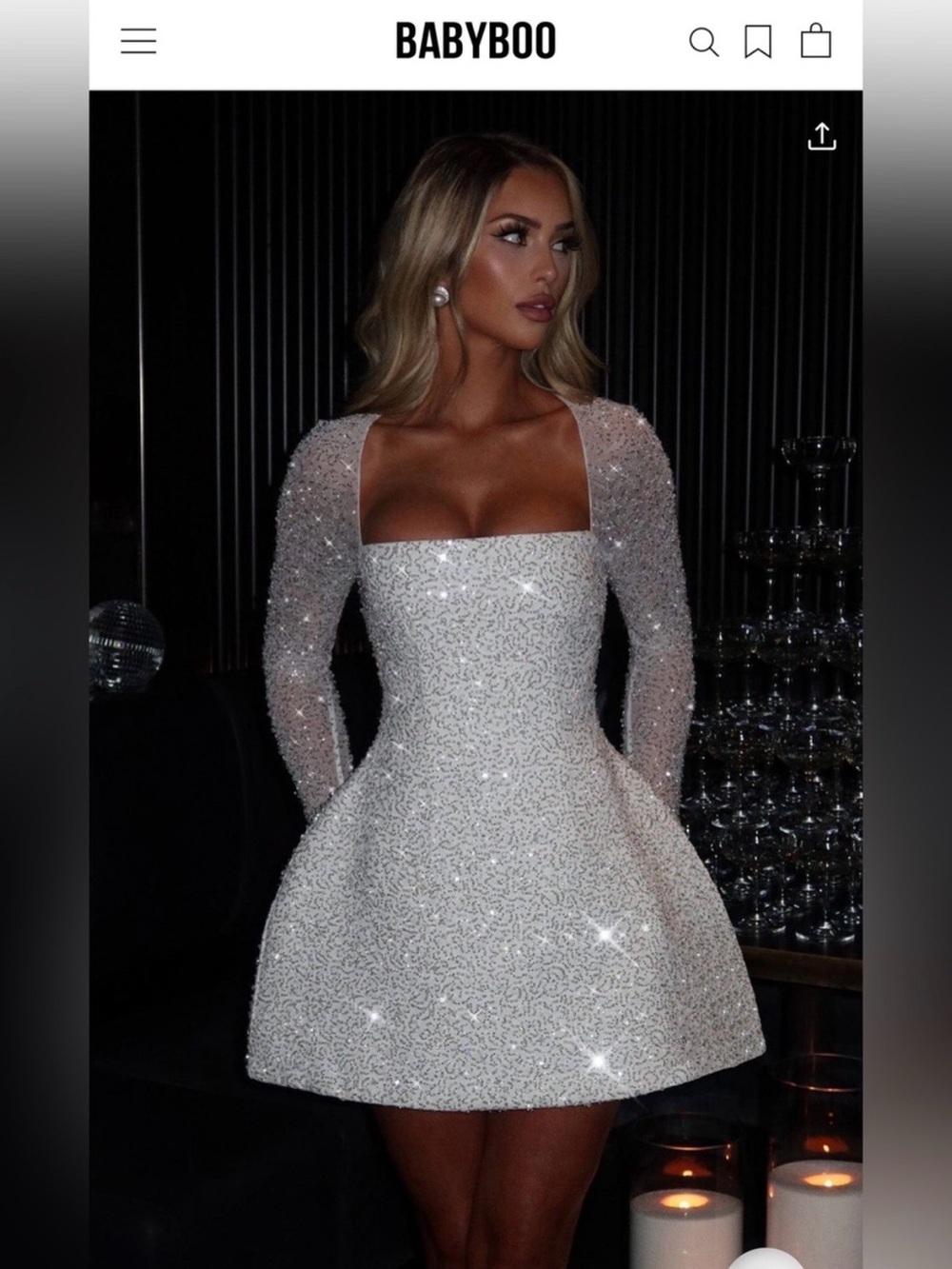 BABYBOO White Sequin Square-Neck Long Sleeve Mini Dress